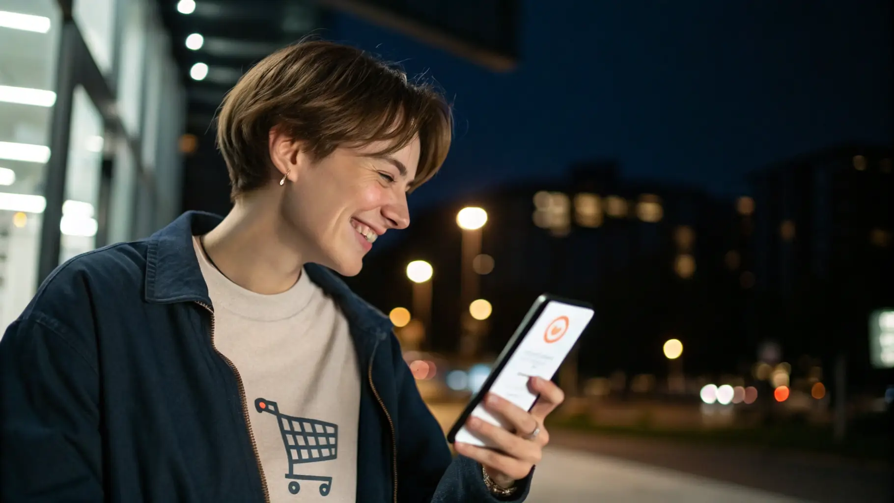 Shopper using mobile immersive promotion inside modern store with visible excitement. no headsets or facemasks