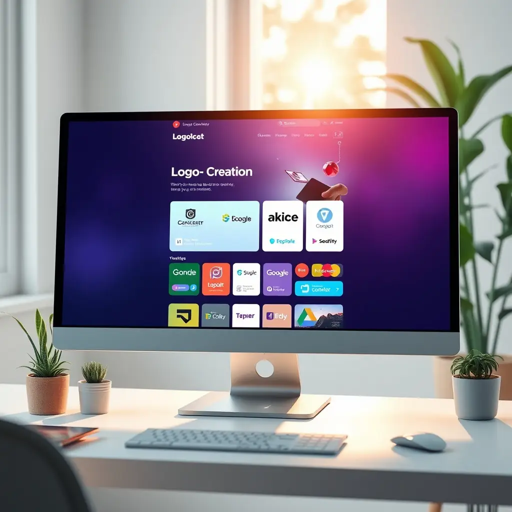 A modern computer screen displaying a vibrant website design with logo creation and digital content elements.