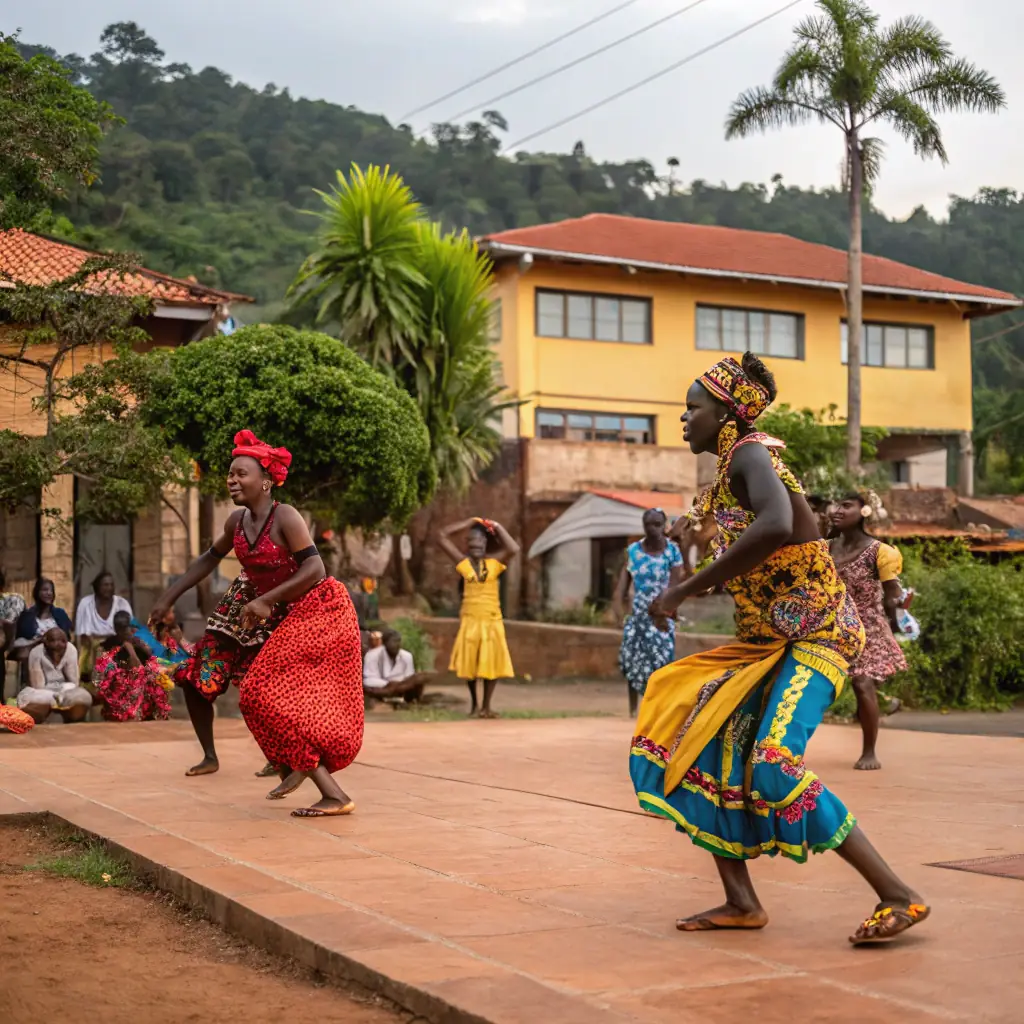 A vibrant image showcasing a Zambian cultural dance performance with traditional costumes and musical instruments, set against the backdrop of a Zambian village.