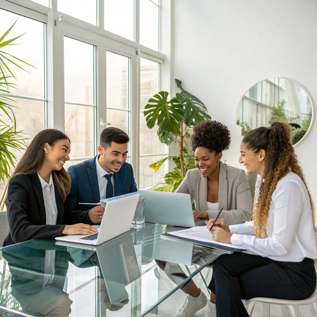 Image of a diverse team of business professionals collaborating in a modern office setting, reflecting Harbor Private Equity's hands-on approach and operator experience.