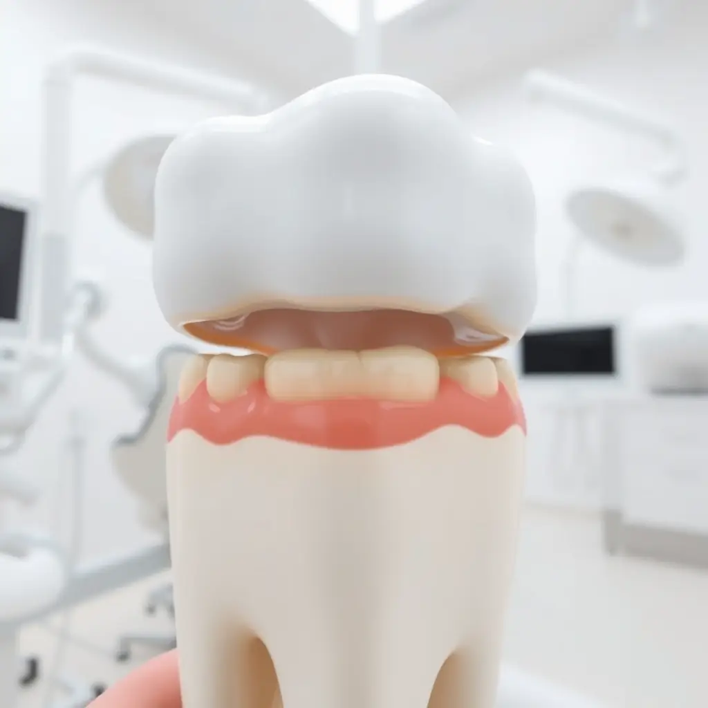 A single tooth implant with a crown on top, placed in the jawbone.