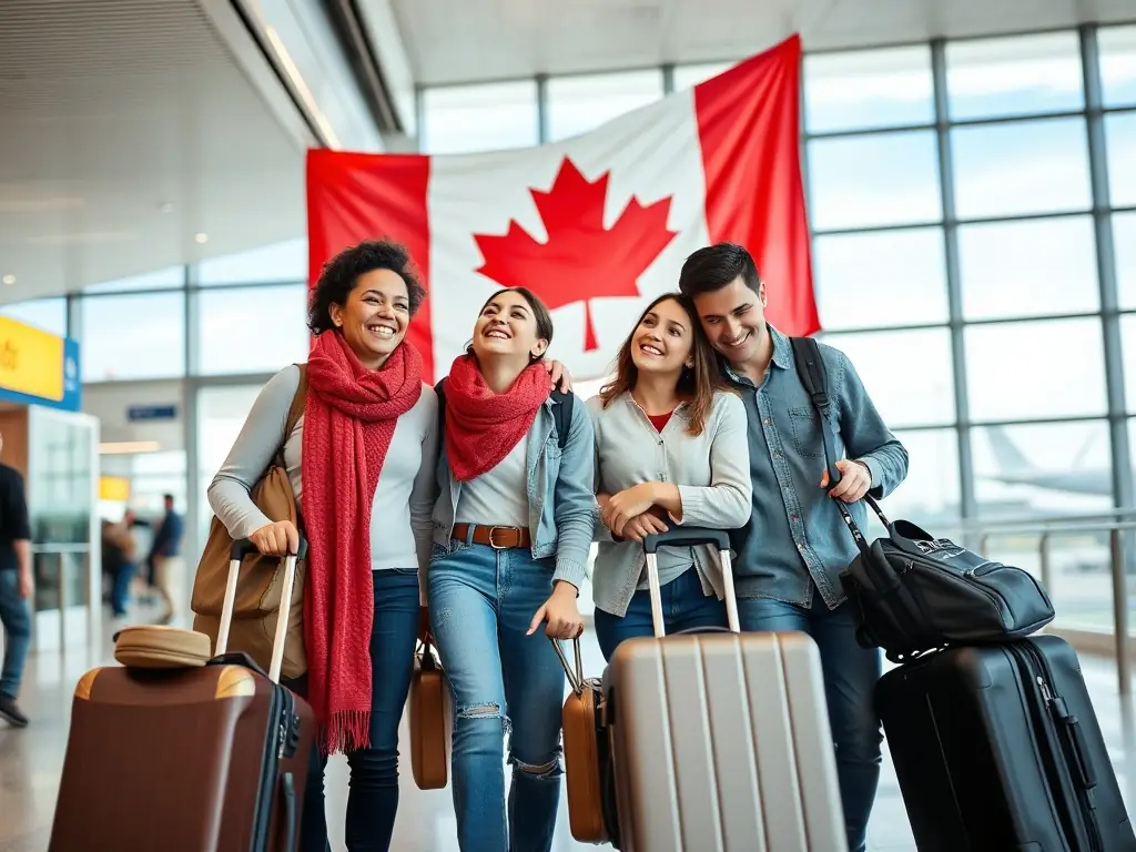 A family of immigrants standing in front of the Canadian flag with a maple leaf.