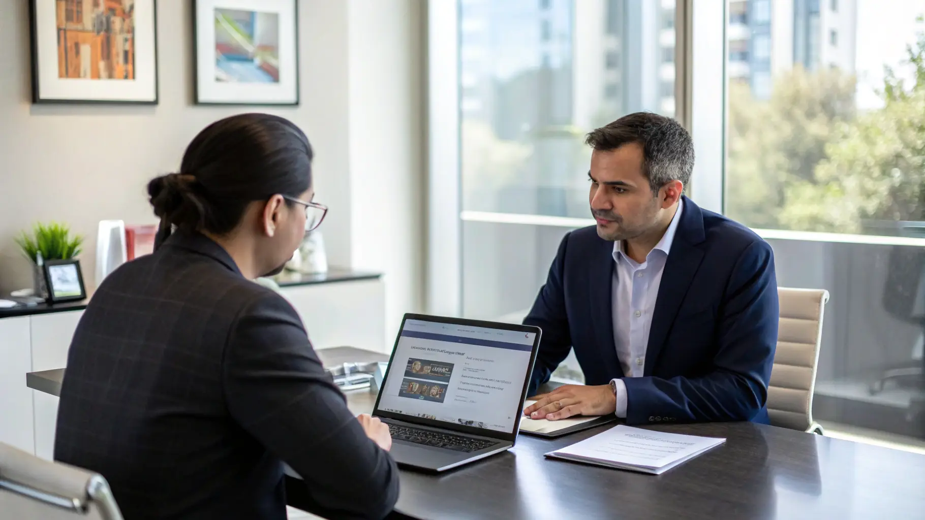 A professional consultant discussing business name ideas with a client, using a laptop and numerology charts, in a modern office setting, representing personalized business name consultation services.