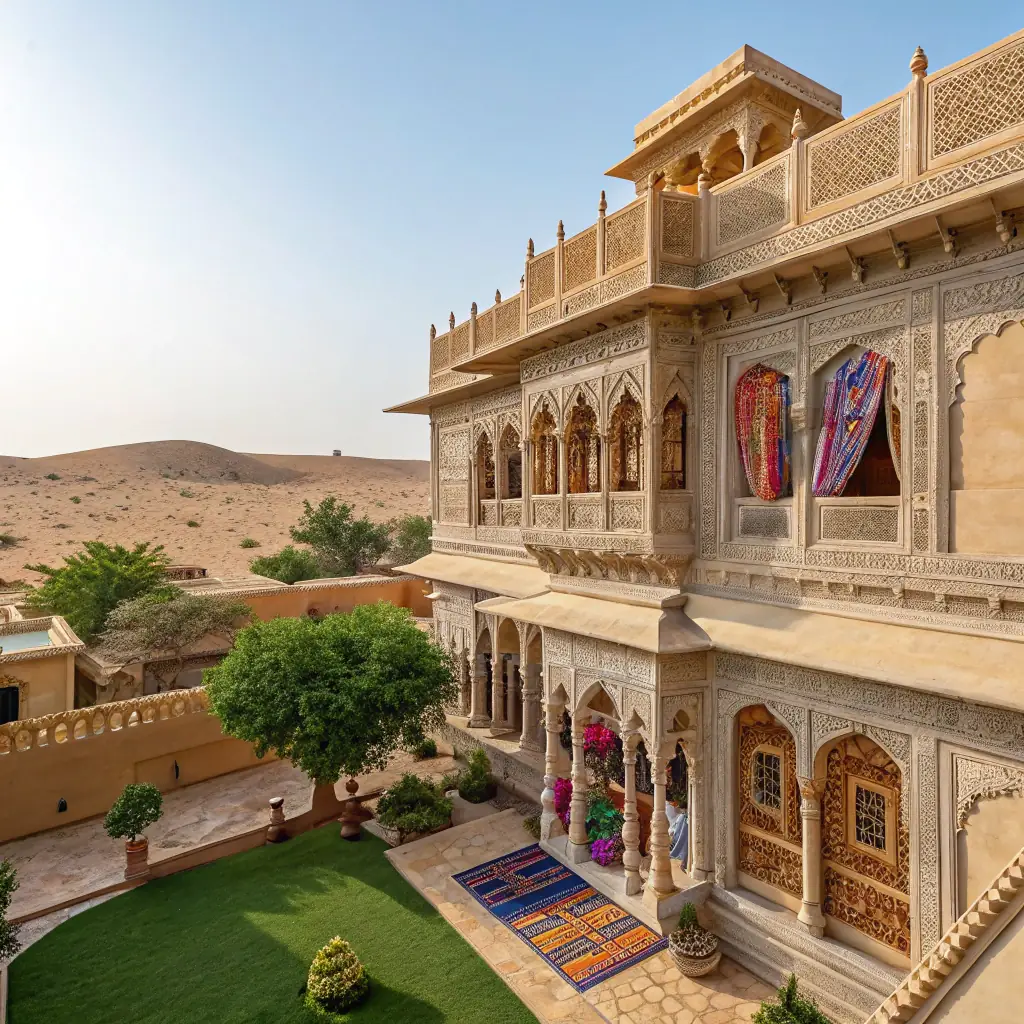 A luxurious villa overlooking Lake Pichola in Udaipur, Rajasthan, showcasing the stunning views and serene atmosphere offered by Nine Hill Stay. The villa should have traditional Rajasthani architecture with modern amenities, and a family enjoying the view from the balcony.