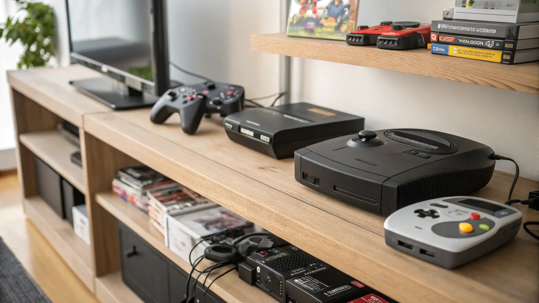 A vintage-style gaming setup with an old CRT TV, game consoles, and controllers, evoking a sense of nostalgia.