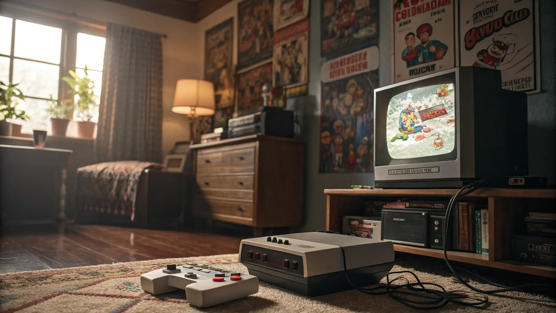 A vintage-style gaming setup featuring an old CRT TV, classic game controllers, and a collection of retro cartridges and USB drives, evoking a nostalgic gaming environment.