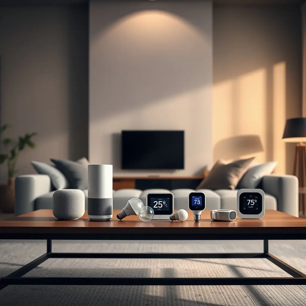 A modern living room showcasing integrated smart home technology, including smart lighting, a smart thermostat, and a voice-controlled assistant. The room should have a clean, minimalist design with blue and gray accents, reflecting ElettriTech's brand colors. The image should convey a sense of convenience, security, and modern living.
