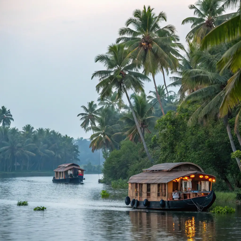 A serene image of Pathiramanal Island at dawn, with the sun rising over Lake Vembanad, showcasing various bird species in their natural habitat.