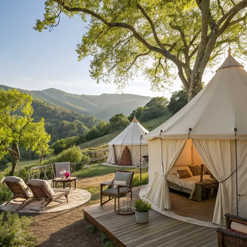 A scenic view of Musafir Retreats and Camp, showcasing the glamping domes and A-frame student cabins nestled within the 60-acre eco-friendly environment. The image should convey a sense of tranquility, adventure, and educational opportunities.