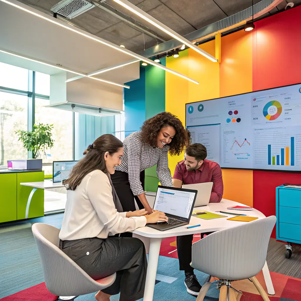 a friendly, modern illustration of entrepreneurs collaborating in a digital workspace, vibrant colors, representing growth and community