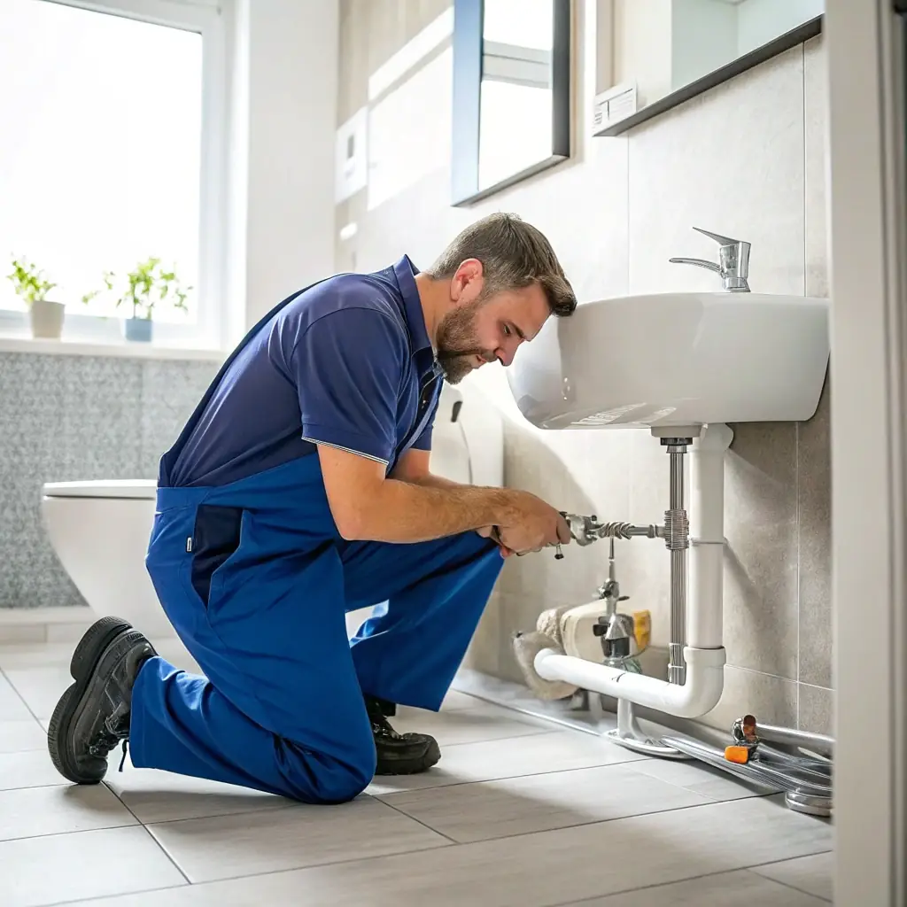 A professional VVS technician installing pipes in a modern bathroom.