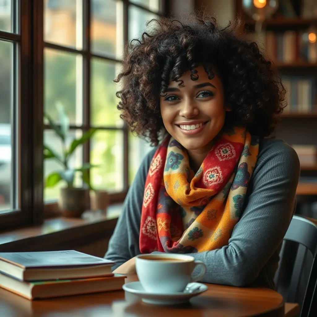 A young woman with curly hair and a colorful scarf, smiling at a table in a cozy cafe.