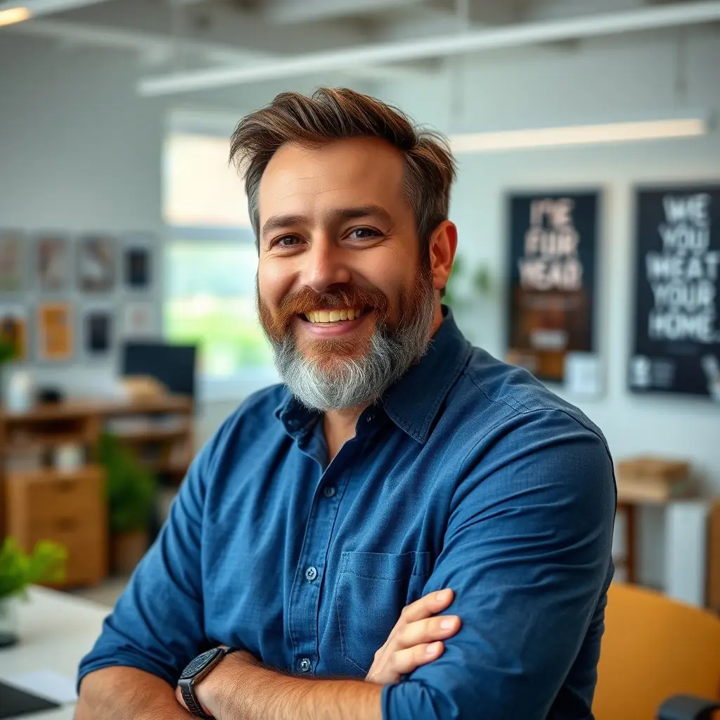 A charismatic man in his forties with a beard, smiling while leaning against a desk in a bright office.