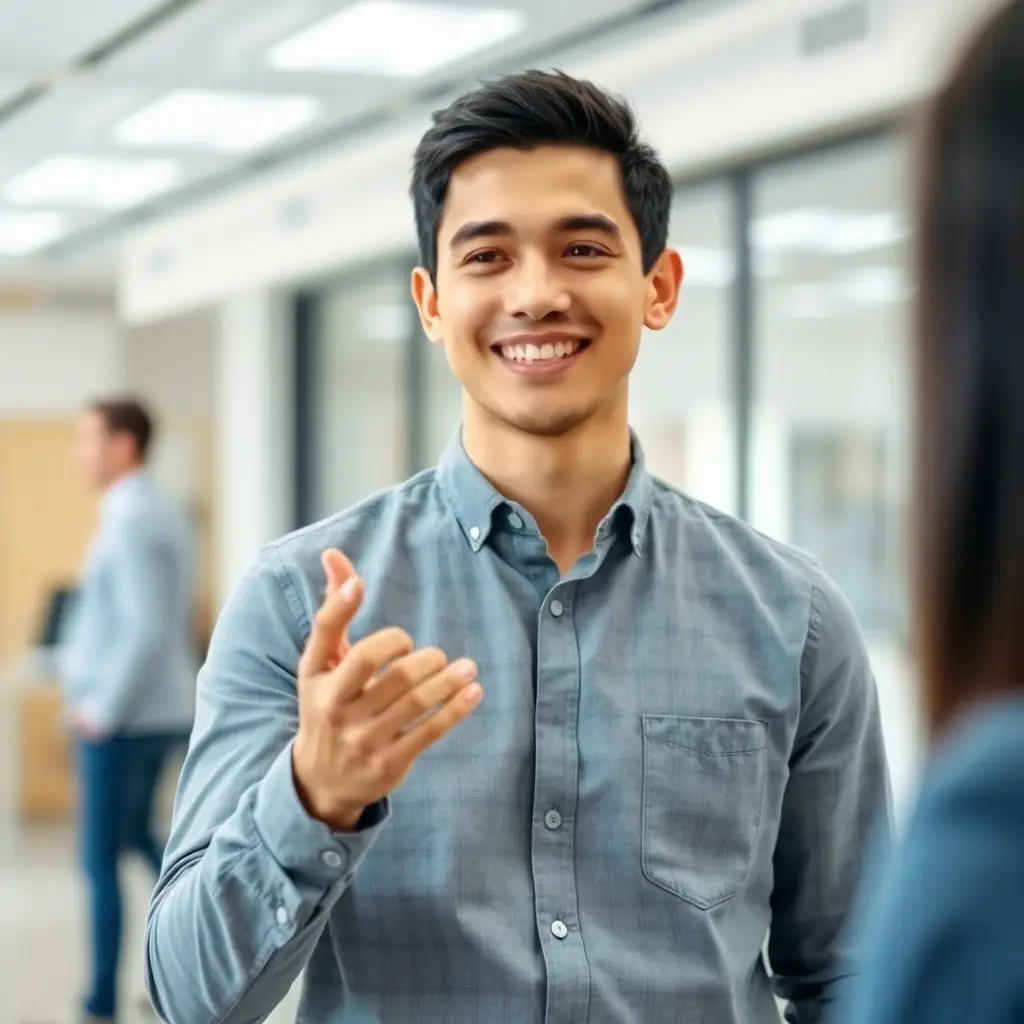 A young man with short black hair in casual business attire, smiling and gesturing in a bright office.