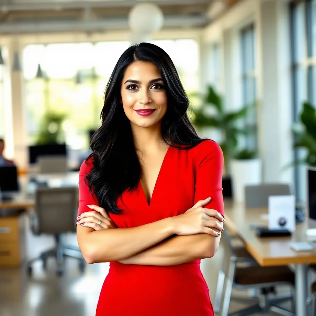 A confident woman in her thirties with long black hair wearing a stylish red dress, standing in a modern office.