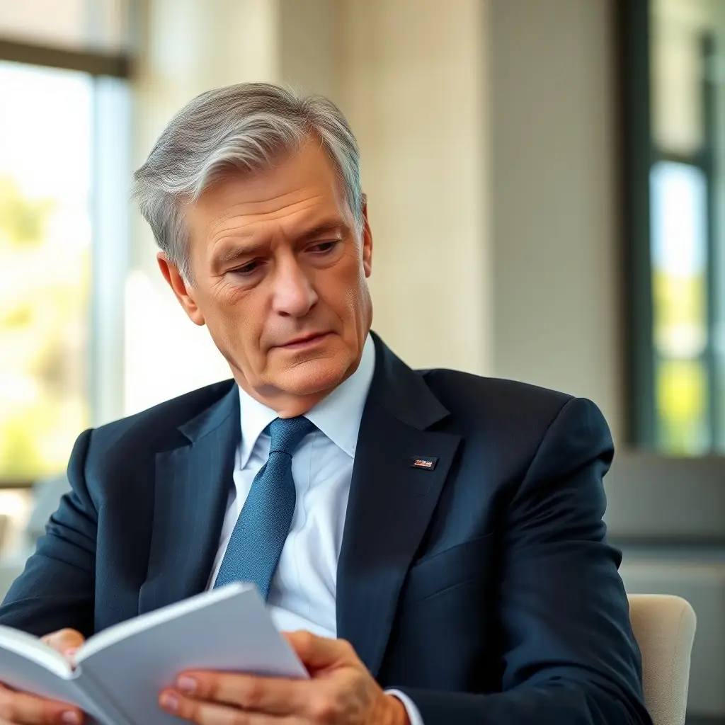 An older man with gray hair in a suit and tie, thoughtfully looking at a notebook in a conference room.