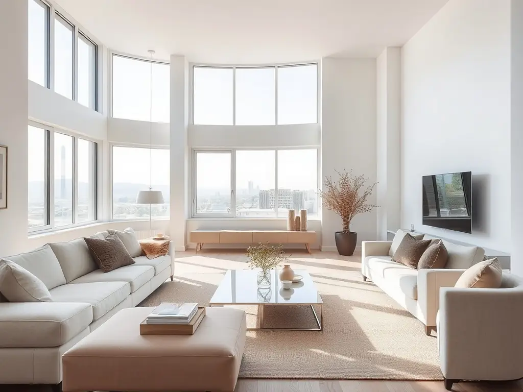 A minimalist interior with natural light streaming through a window, creating a calm and serene atmosphere.