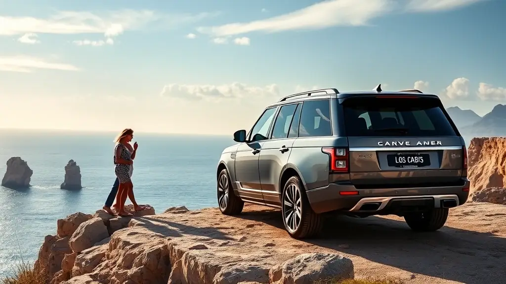 A modern SUV parked on a scenic overlook in Gran Canaria, with the ocean in the background, showcasing the freedom and adventure of exploring the island by car.