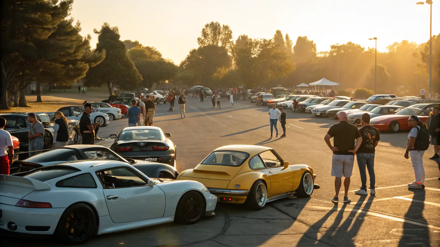 a vibrant scene of two women admiring cars in a parking lot, with two men hanging out nearby, under winter city lights, capturing the lively and exclusive atmosphere