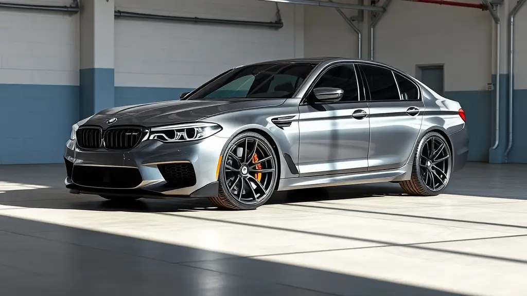 a sleek, modern display of a BMW M3 on an elevated car lift, illuminated city lights of Atlanta, emphasizing luxury and innovation
