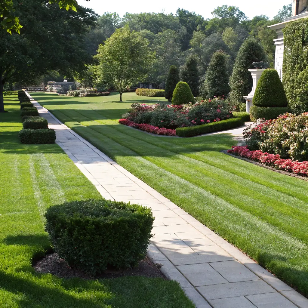 A well-maintained garden with lush green lawn, colorful flowers, and neatly trimmed hedges, showcasing the quality of Hausmeisterservice Abboud's gardening services.