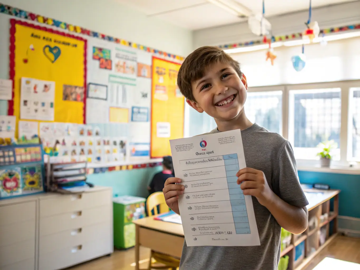 A child proudly holding a report card with a high score, symbolizing academic achievement.