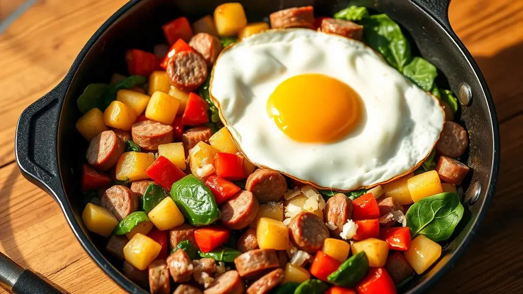 A hearty, high-quality image of a breakfast skillet filled with sliced sausage, diced potatoes, bell peppers, onions, and spinach. Topped with a sunny-side-up egg or shredded cheese (optional). Everything is cooked in one cast iron or non-stick skillet. Served hot, rustic-style, on a wooden surface. Warm natural lighting with a cozy, farmhouse breakfast vibe. No text, labels, or branding. Slight angle or top-down view.