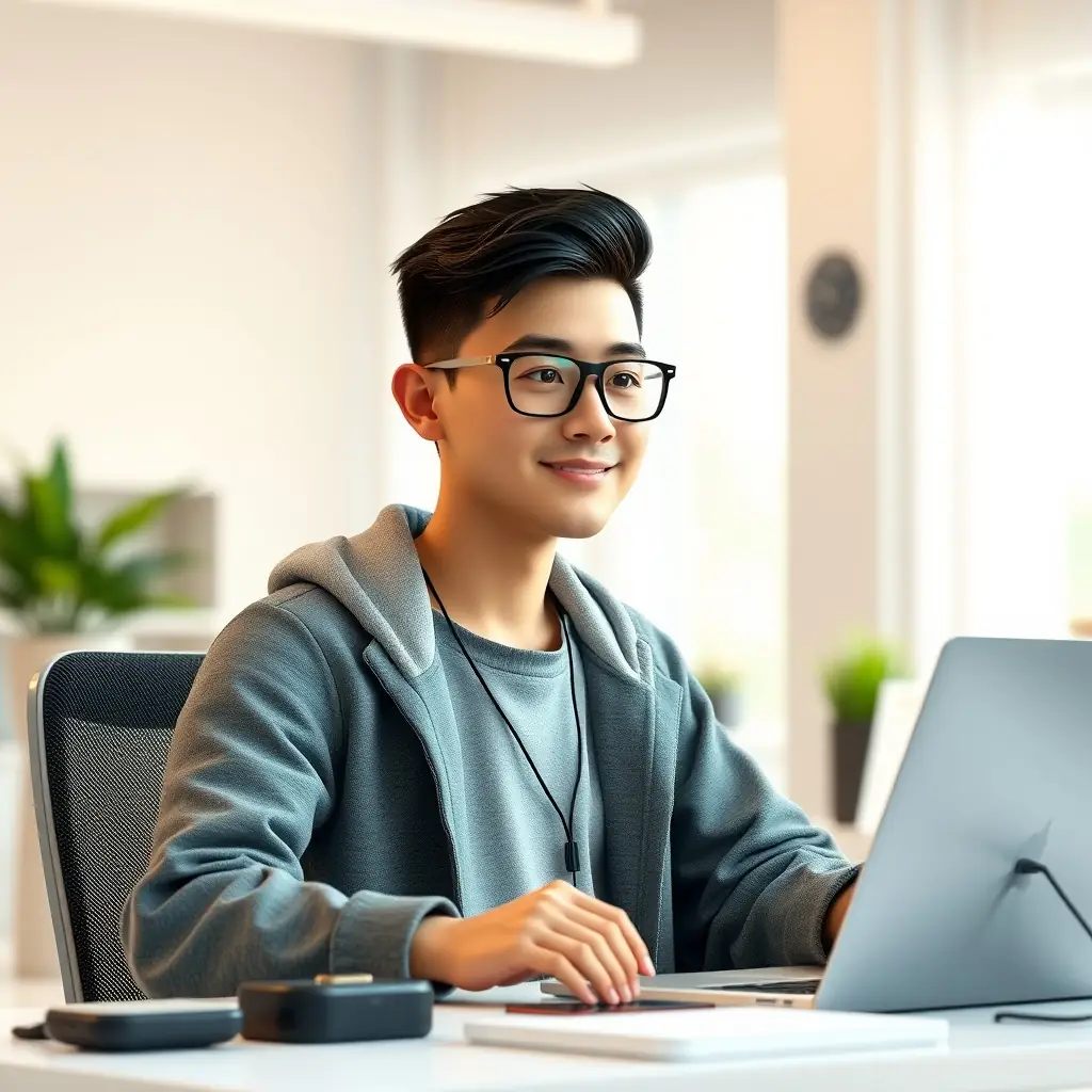 David is a tech-savvy individual with a focused look, his short hair neatly styled, and always seen with the latest gadgets.