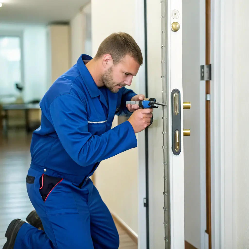 A locksmith technician opening a locked car door with specialized tools, emphasizing speed and professionalism.