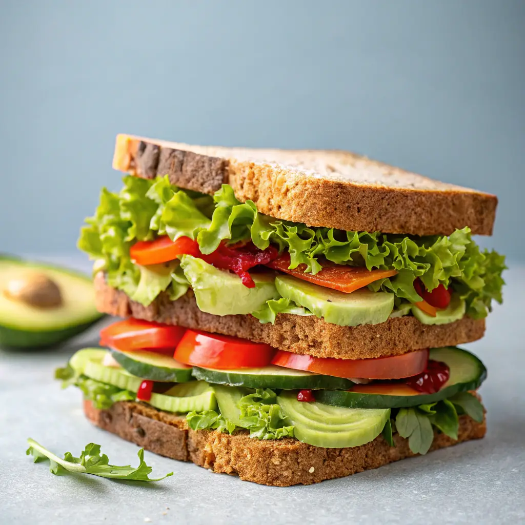 A vibrant, eye-level shot of a fully loaded vegan hoagie, with colorful vegetables and plant-based fillings bursting from a crusty roll. The background features a blurred, lively urban scene with street art and trendy pedestrians.