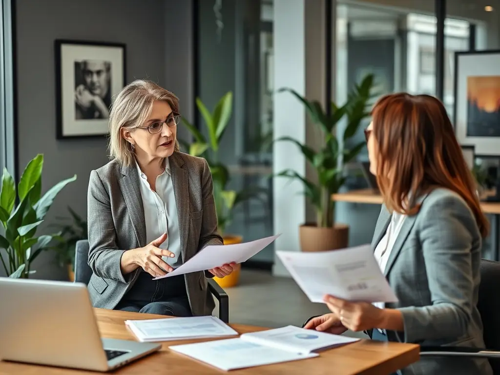 A professional photo of a Netfintax consultant meeting with a client in a modern office setting, discussing financial strategies and solutions.