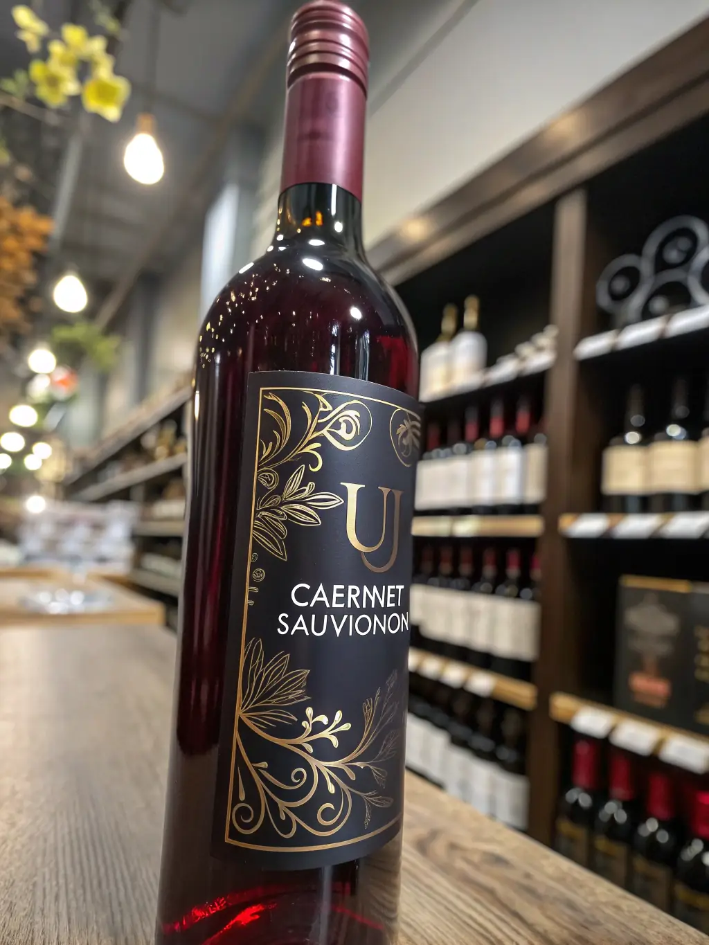 A bottle of red wine with a dark red label, placed on a white background.