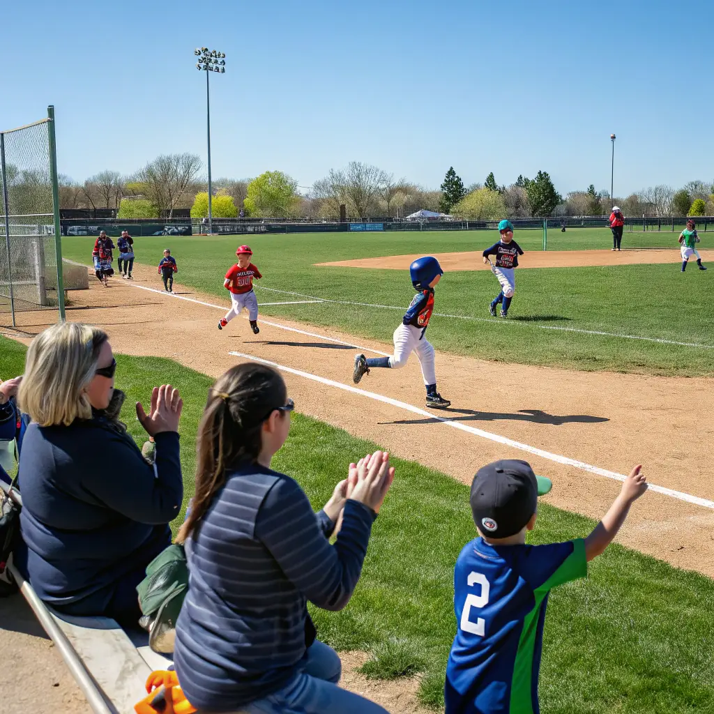 A group of young children at Goddard School engaged in a baseball-themed activity, with Leland Maddox, the founder and former MLB executive, coaching them. The scene should convey a sense of fun, learning, and athletic development.