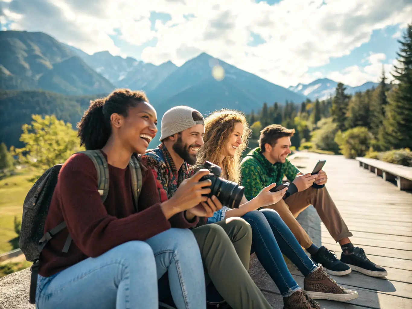 A group of diverse travel content creators are laughing and taking photos in a vibrant, exotic location. They are using cameras, phones, and drones to capture the scene.