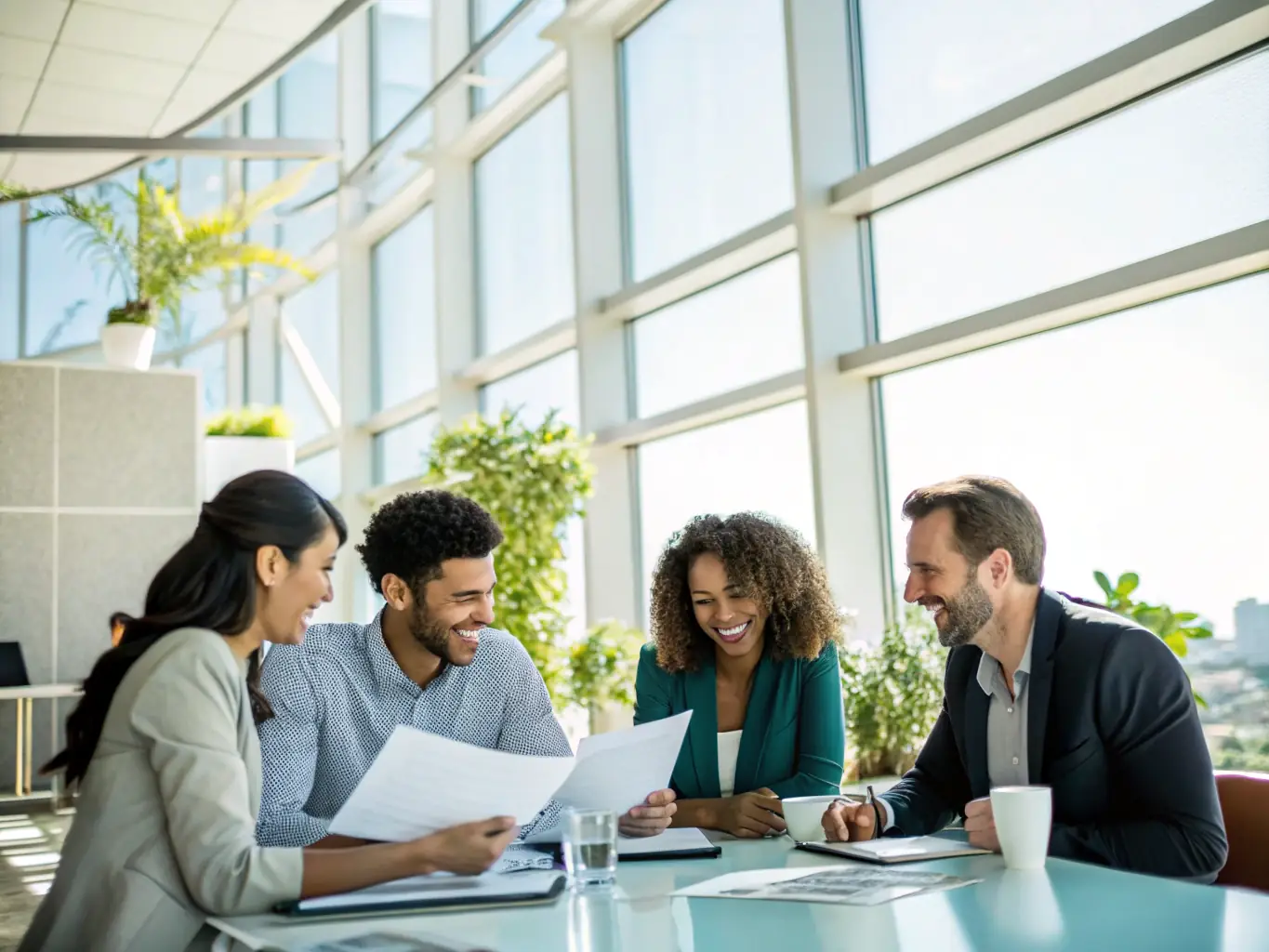 A professional team collaborating in a modern office environment, representing PVC's regional presence and consulting expertise.