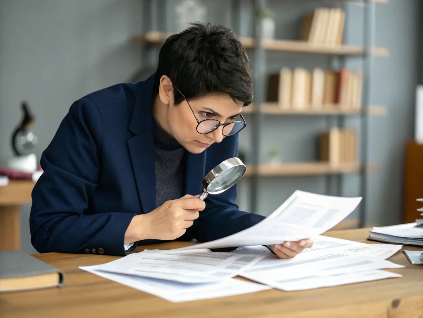 A close-up shot of a person reviewing legal documents with a magnifying glass, symbolizing the detailed attention LDAs provide. The setting is a modern office, emphasizing professionalism and precision.