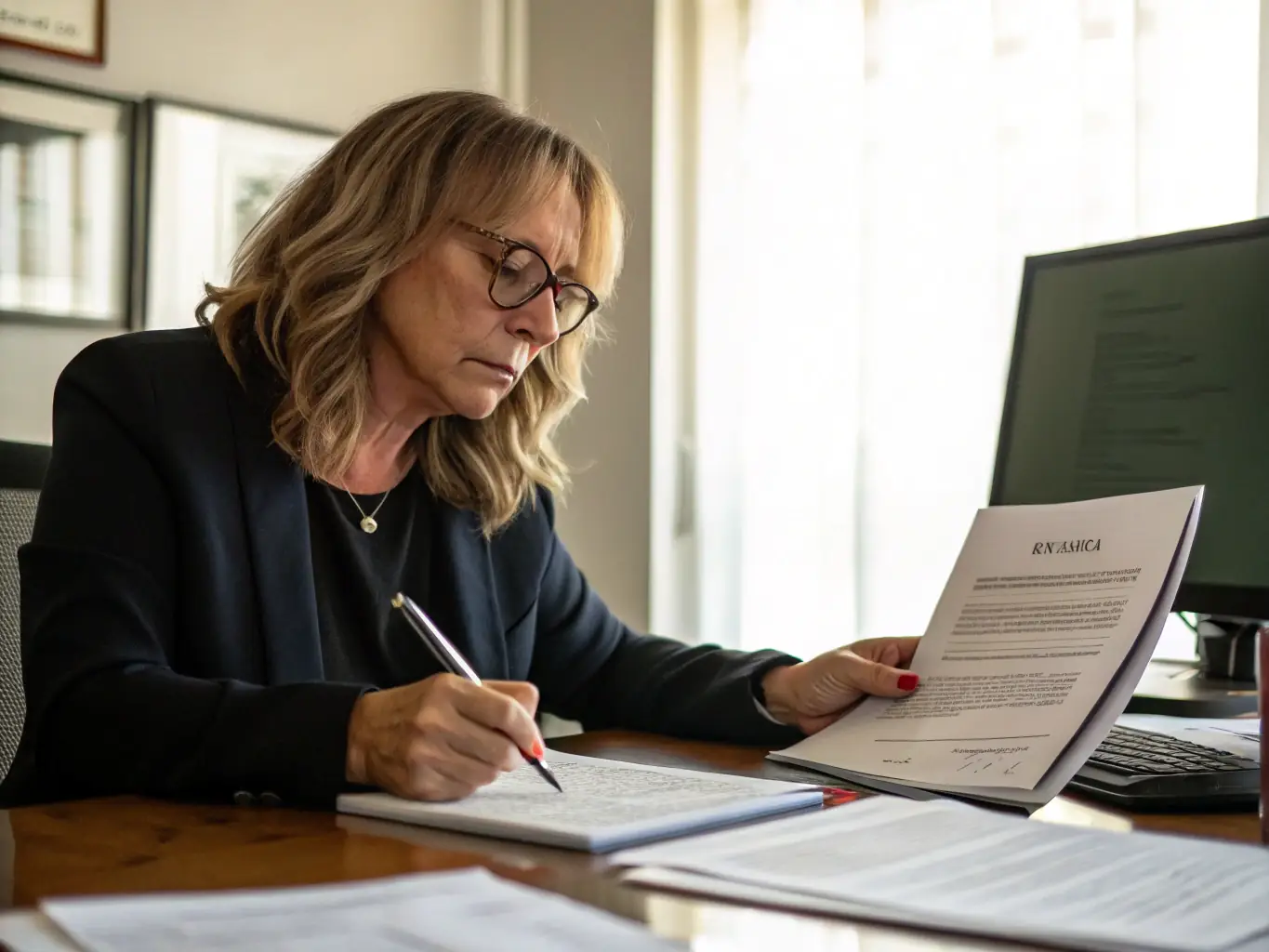 A person using a computer to prepare legal documents, highlighting the use of technology in modern legal document preparation. The setting is a well-lit office, conveying competence and reliability.