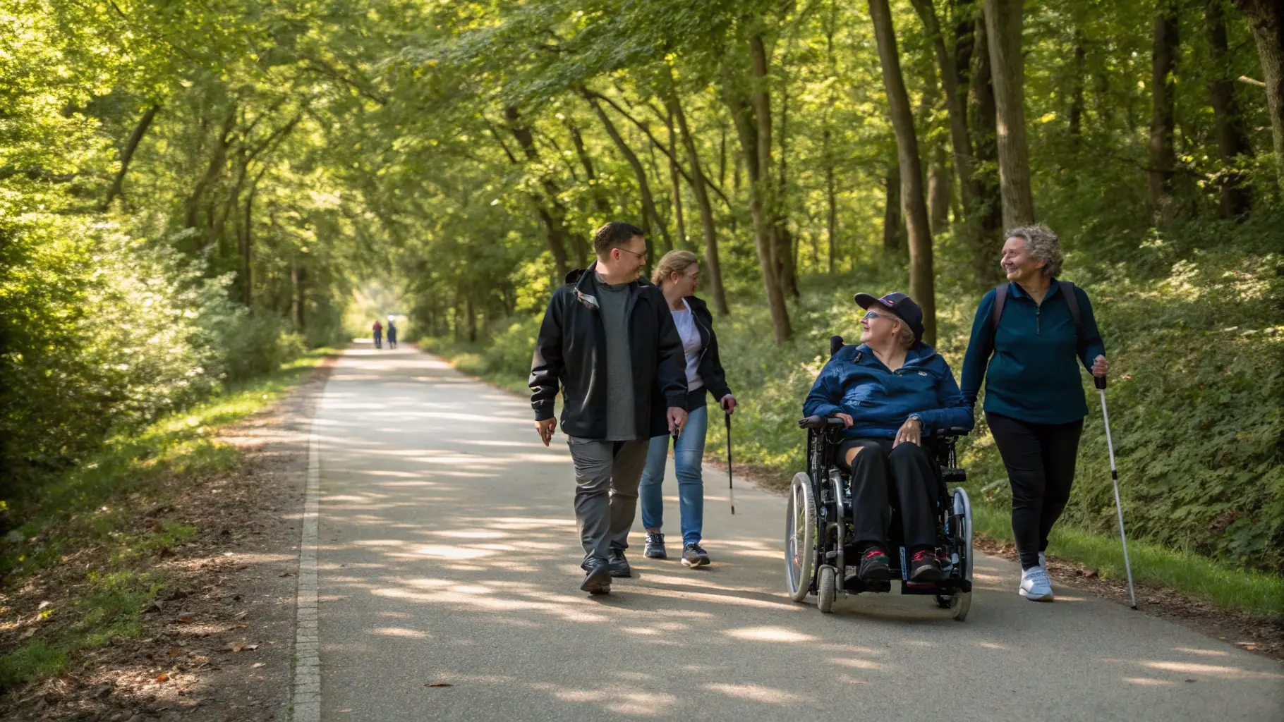 A mixed-ability group of people are smiling and enjoying an accessible site in Israel. The site is sunny and beautiful, and the group is diverse and inclusive.