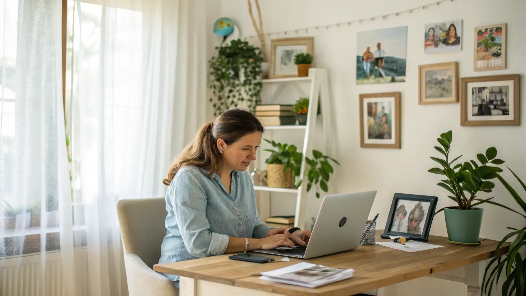 A smiling mompreneur working on her laptop at a bright, modern home office, surrounded by her children playing quietly, symbolizing the balance of family and business.