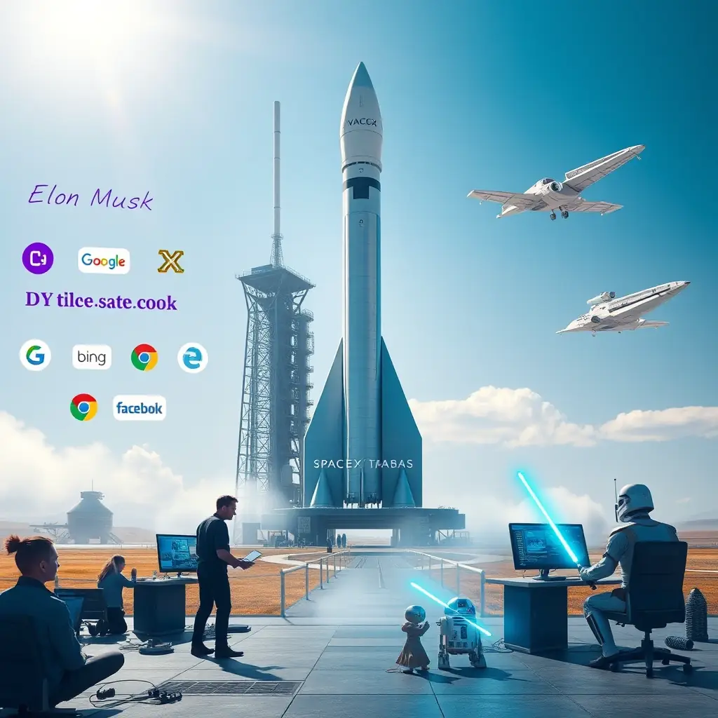 A futuristic offshore air defense radar station, resembling the Texas Tower, in the Gulf of Mexico. The scene includes Google helicopters, a META blimp, offshore oil drilling platforms, an X-wing fighter, ships with Google banners, and chatbot signs, symbolizing the integration of advanced technology and digital marketing in a coastal environment.