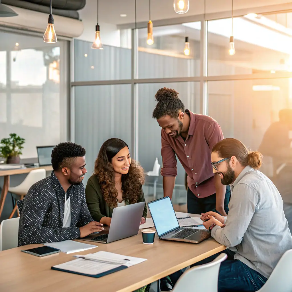 A team of IT professionals collaborating on a complex system architecture, showcasing the company's expertise in providing tailored IT solutions.