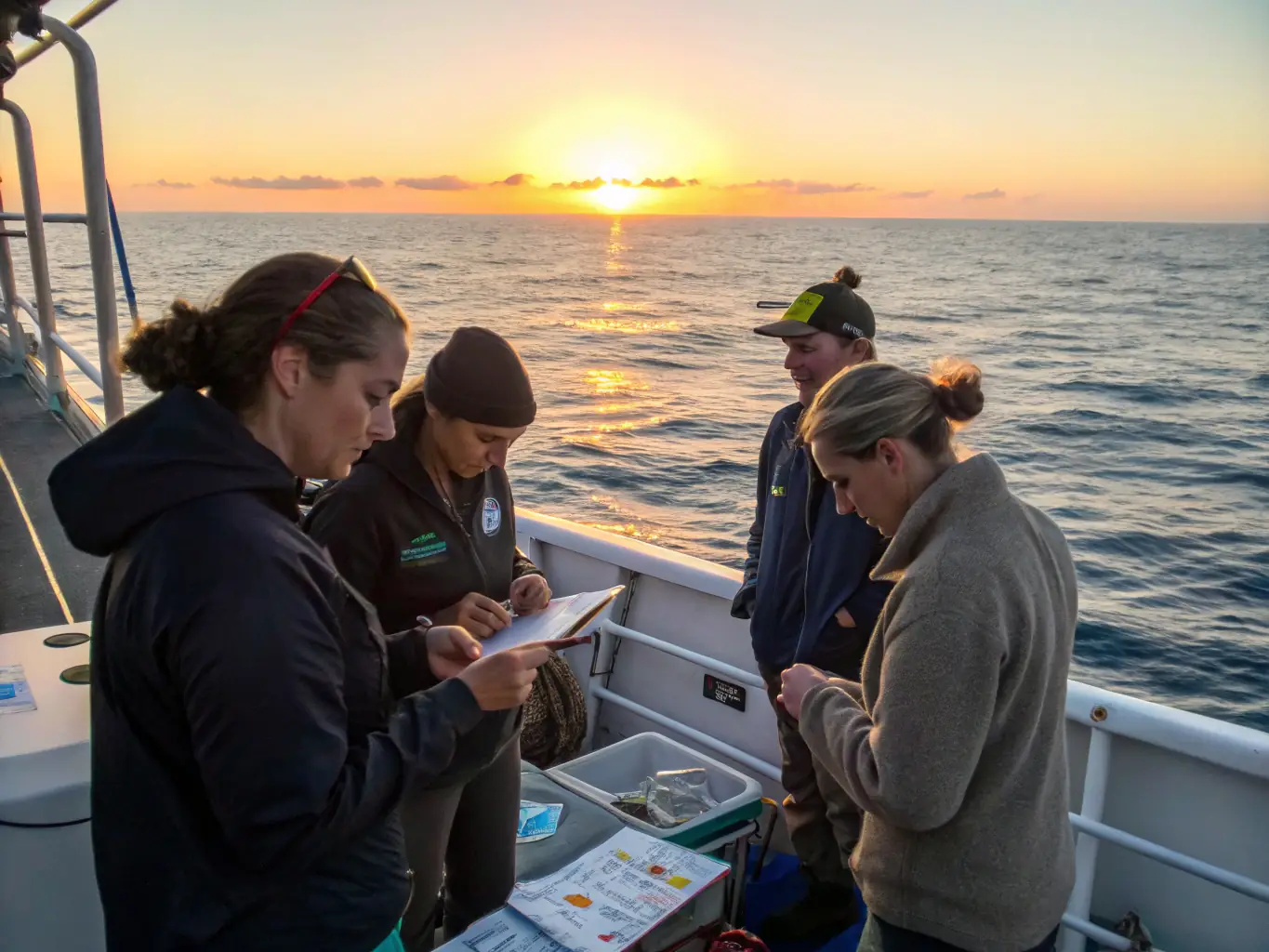 A serene seascape featuring a donated vessel being used for educational purposes, with researchers and students working together to study marine life, symbolizing Garmn's commitment to aquatic resource protection and maritime education.
