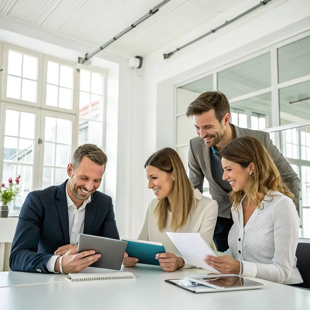 A diverse team of Mernouten consultants collaborating around a table, reviewing financial documents and discussing strategies for a small business client. The atmosphere is professional and supportive, emphasizing personalized service and insightful advice.