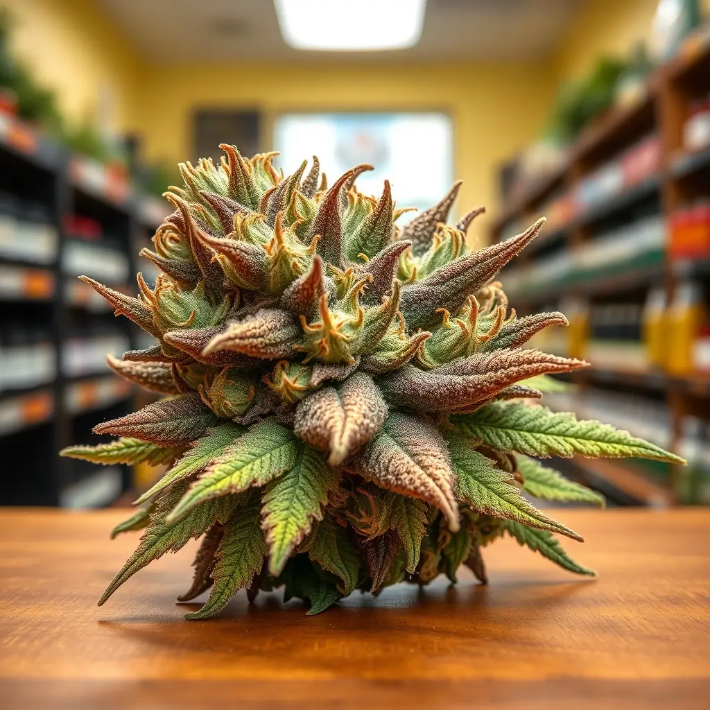 Close-up shot of Florida Wedding Strain cannabis flower, showcasing its trichomes and vibrant colors, placed in a dispensary setting.