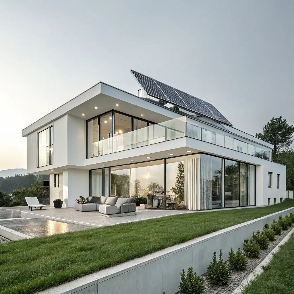 A modern villa with sleek air conditioning units installed, showcasing a comfortable and energy-efficient living environment.