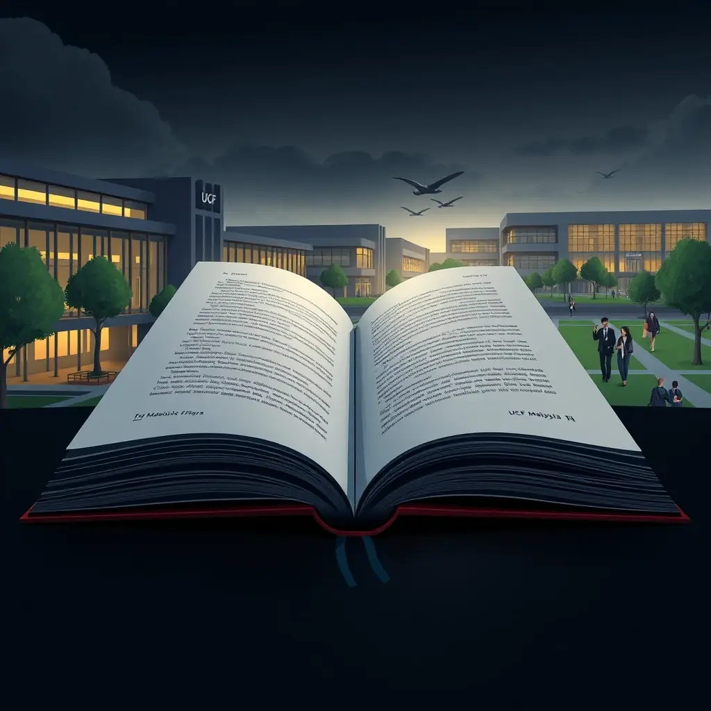 A digital illustration of an open book with the UCF Malaysia logo subtly incorporated into the design, symbolizing the Journal of Educational Leadership and Innovation. The background should feature a modern campus environment to represent the university's commitment to academic excellence.
