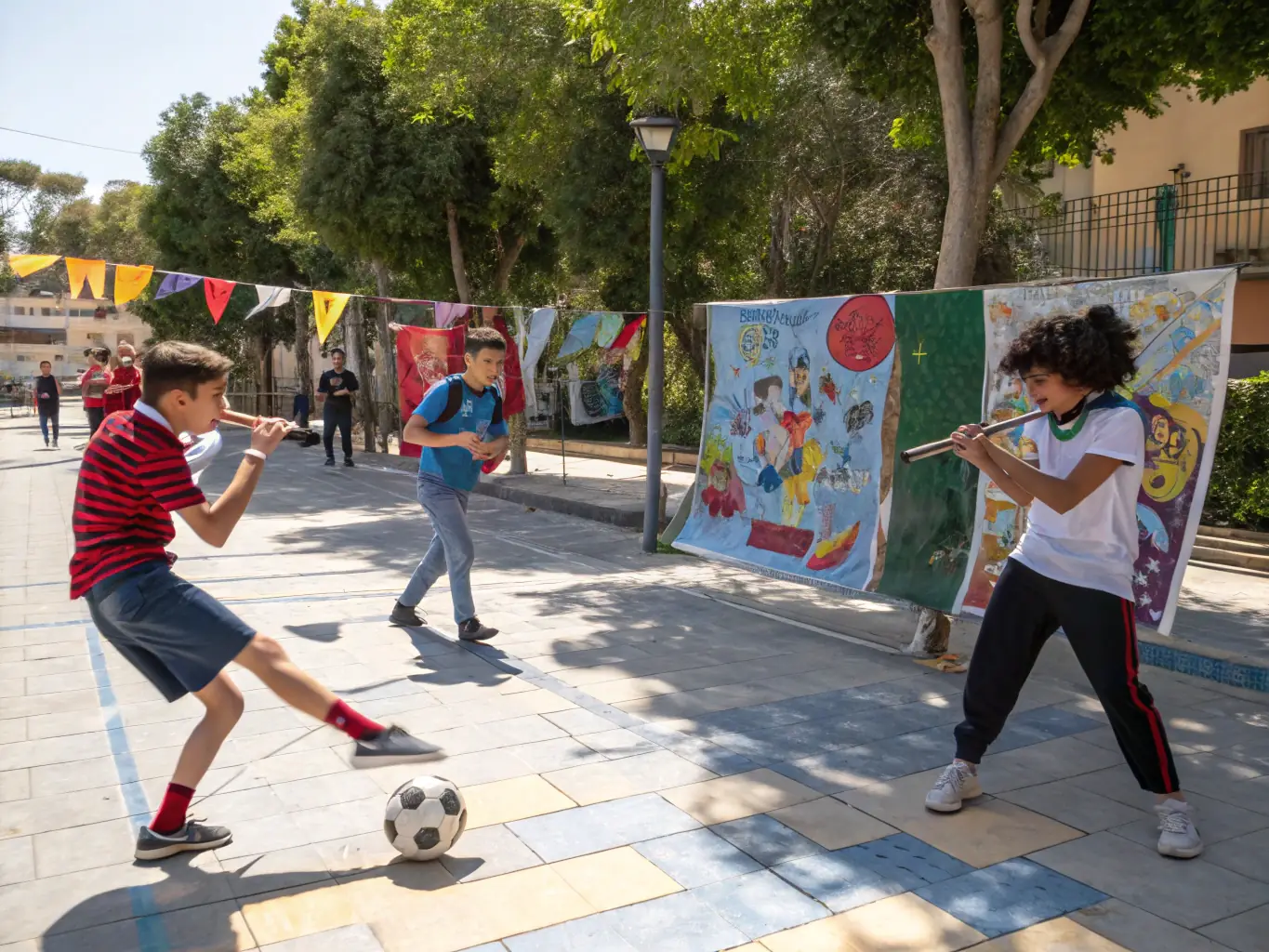 A vibrant image of students engaging in cultural exchange, sports, and arts activities in an international setting.