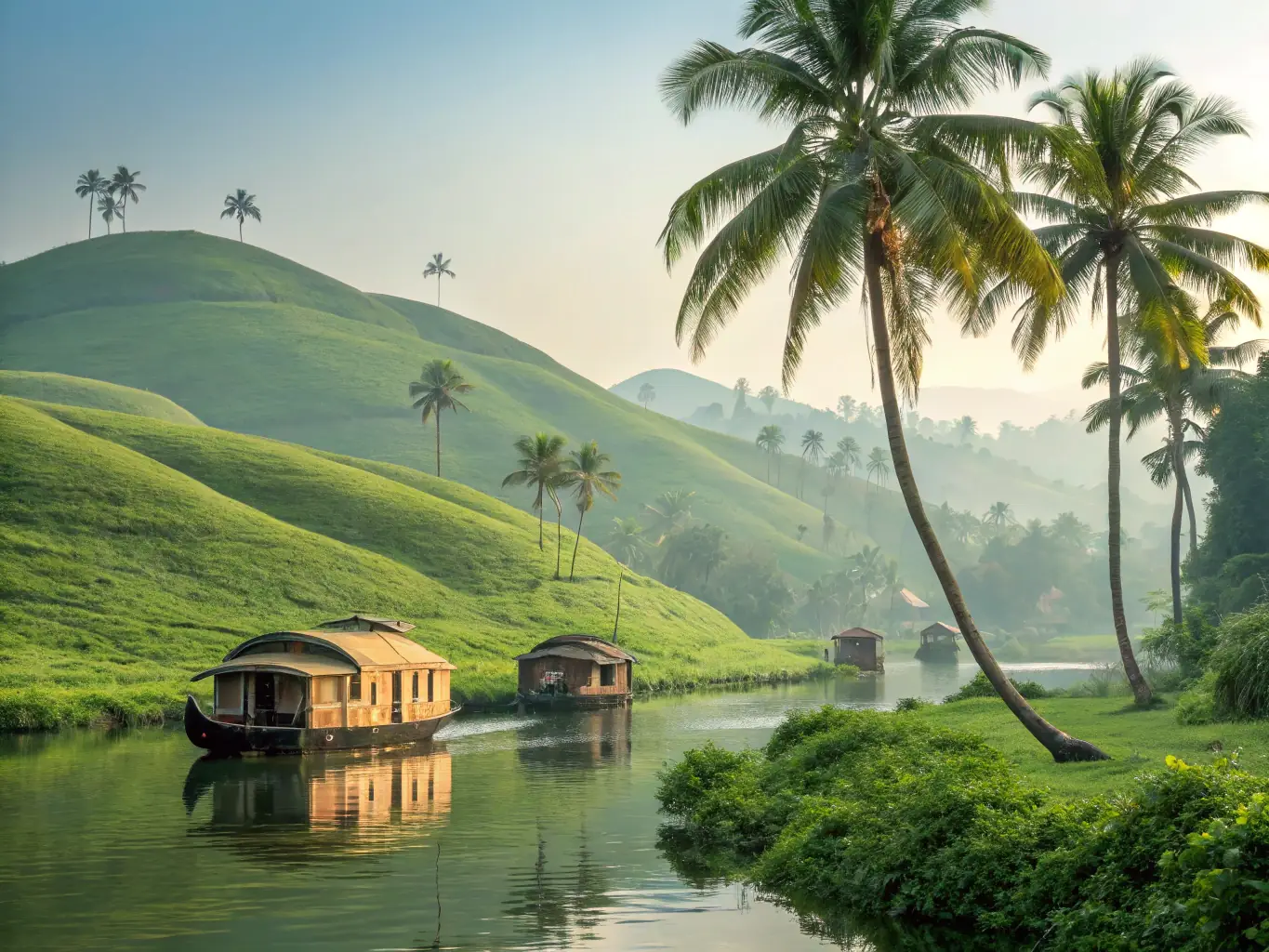 A panoramic view of Kuttanad's emerald-green paddy fields, crisscrossed by canals and rivers, under a bright sky. The image should capture the unique beauty and agricultural significance of the region.
