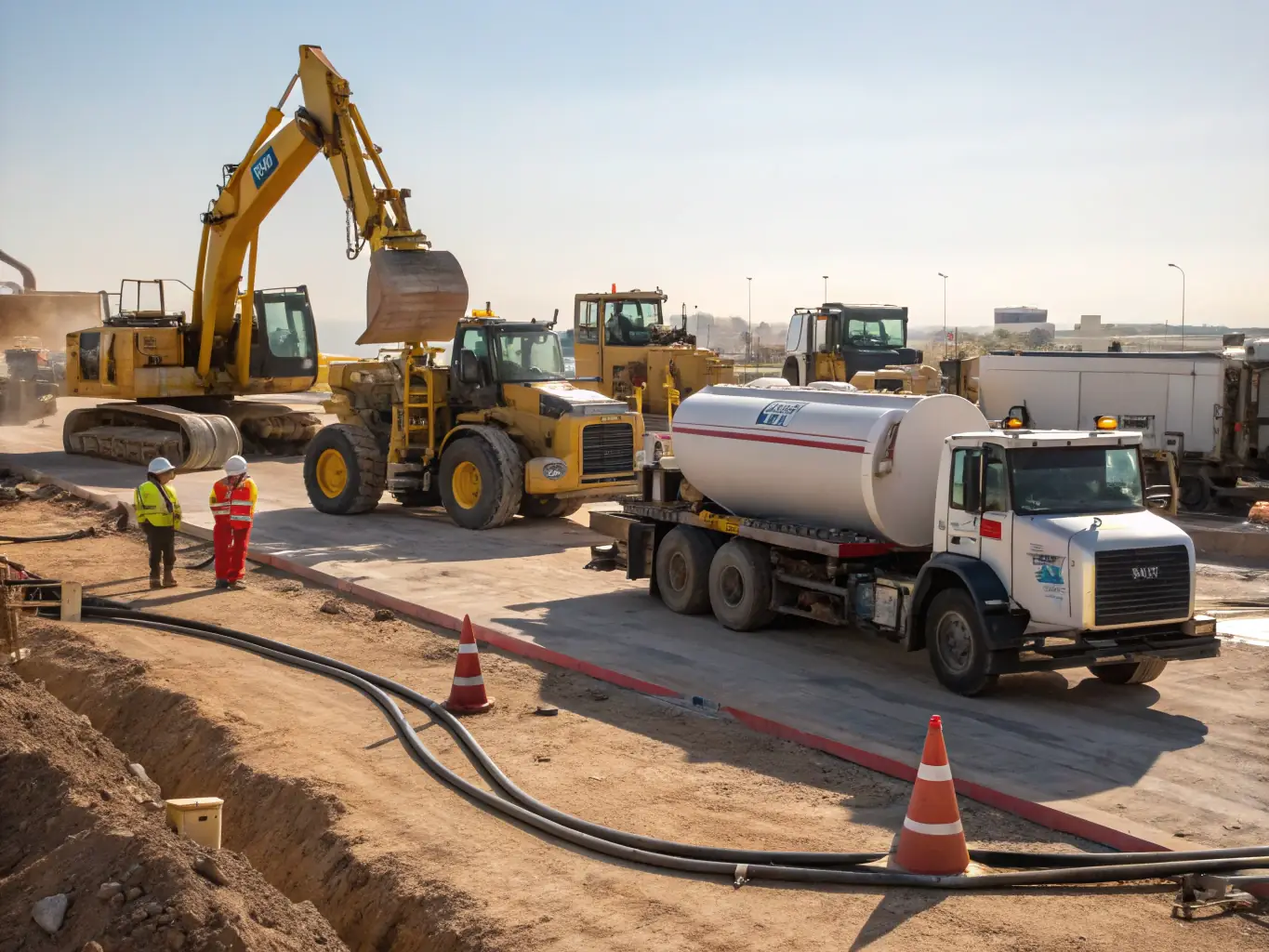 A construction site with heavy equipment like excavators and bulldozers using BFP B100 fuel, showcasing its application in the construction industry.