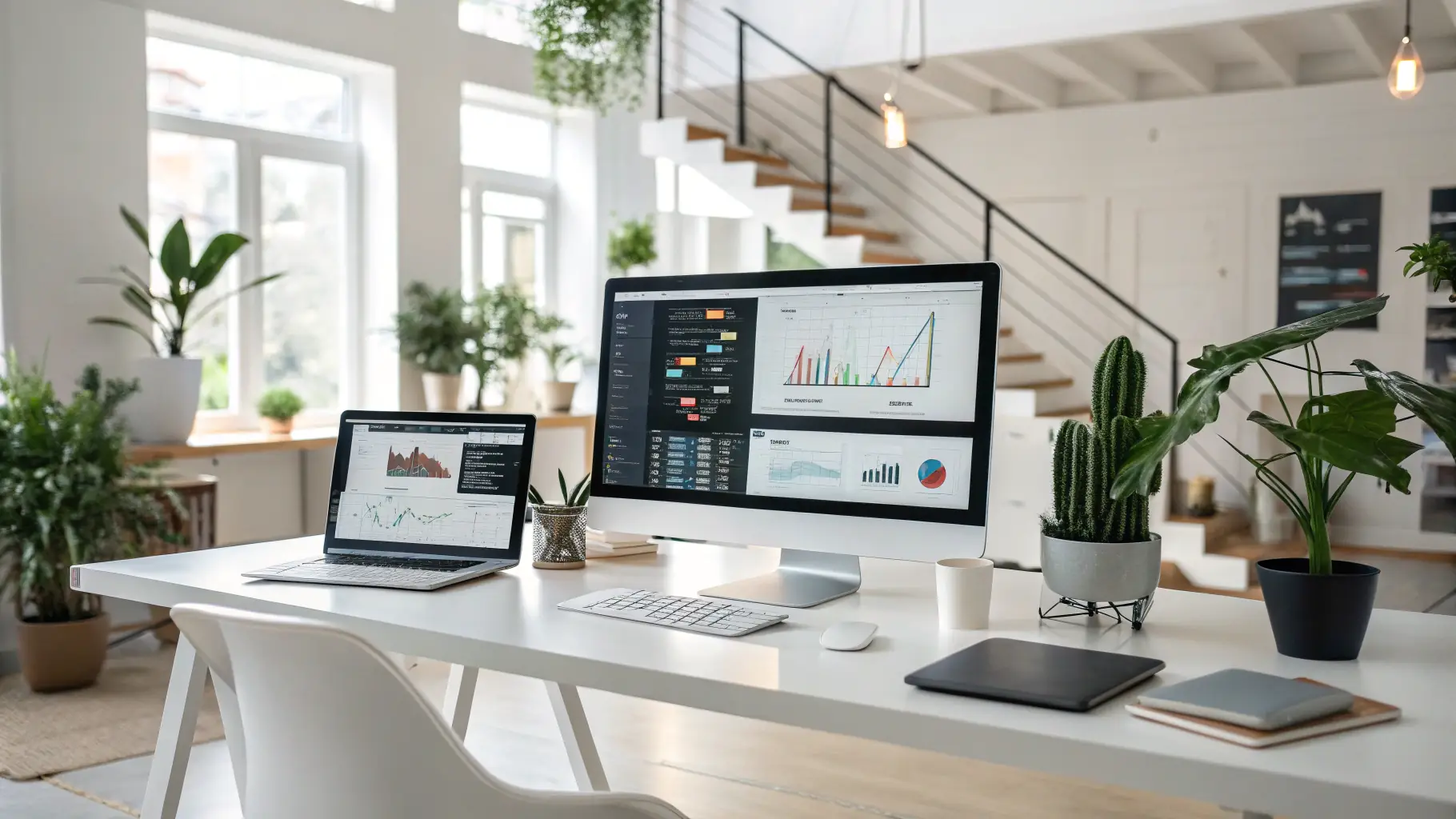 A sleek, modern workspace with AI-powered content creation tools, digital marketing dashboards, and dynamic visualizations representing innovative marketing solutions